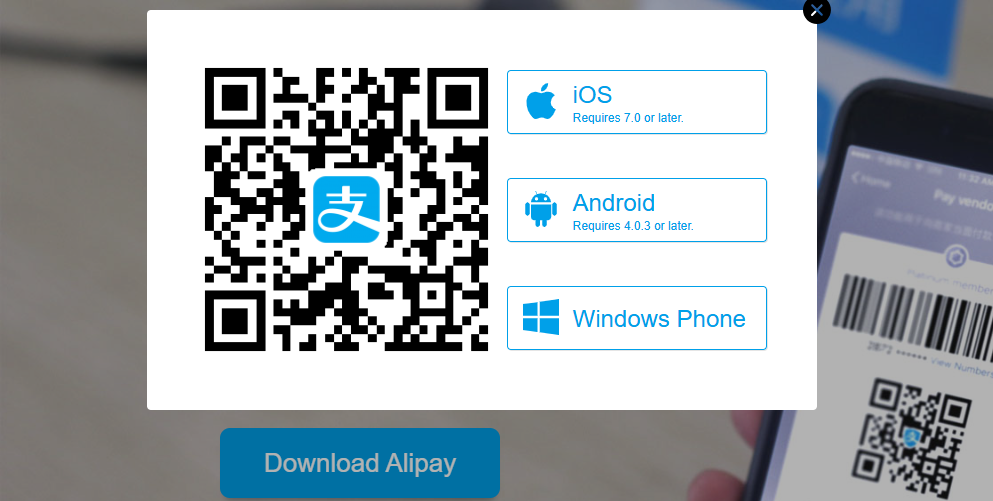 Official Alipay download page showing the Alipay logo QR code and platform choices for iOS, Android, and Windows Phone.